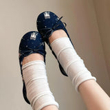 MQTIME  -  Comfort Leather Slip on Flats Cartoon Blue Print Bow Knot Detail Classic Mary Jane Ballet Shoes Outdoor Casual Dress Footwear