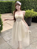 MQTIME  -  Women Dresses Lace Patchwork Mesh Sleeveless Slim Backless Sweet Elegant Temperament Party Dress Female Fashion