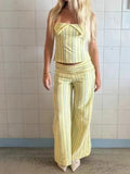 MQTIME  -  Women's Striped High Waist Wide Leg Pants Sets Chic Sleeveless Backless Halter Lace Up Tops Suits 2025 Summer Casual Street Wear