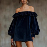  MQTIME  -  Elegant Off Shoulder Velvet Dress Woman Sexy Elegant Temperament Slim Dress Vintage Long Sleeve Spring Autumn Mini Dress 2026