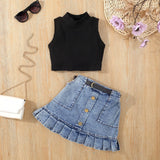 MQTIME  -  2Piece Sets Summer Kids Clothes Girl Fashion Cotton Sleeveless Black Baby Tops+Denim Skirt Children Boutique Clothing BC1091