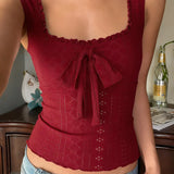 MQTIME  -  Japanese Sexy Solid Bow Tie Vest Square Neck Sleeveless Tee Spicy Girl American Retro 90s Short Top for Women 민소매 티 여성
