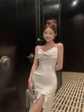 MQTIME  -  Woman Dress Elegant Bowknot Irregular Ruffles V Neck Sleeveless Splir Slim Mermaid Dresses Party Cocktail Temperament