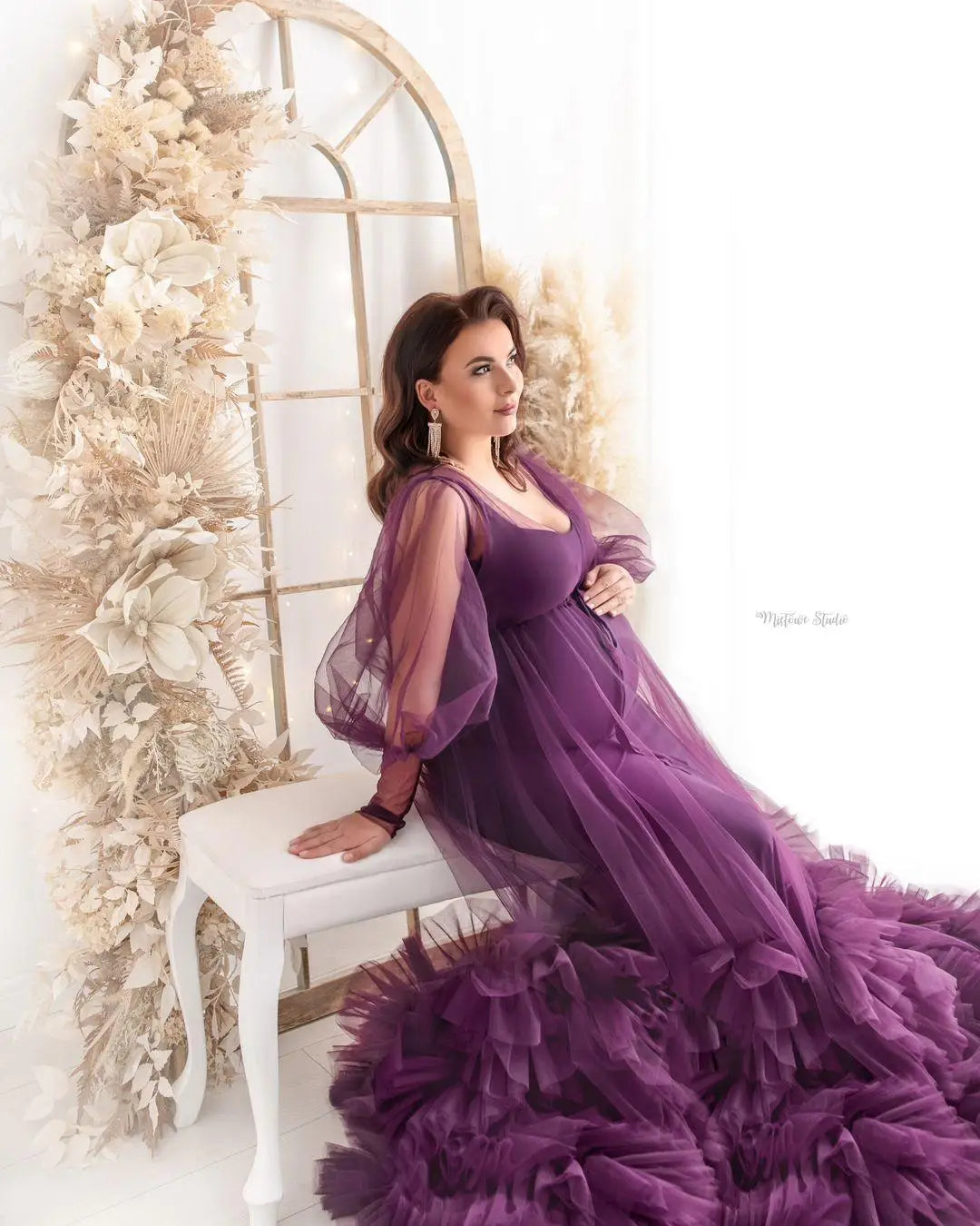 mermaid maternity dress with tulle Gorgeous Mermaid Maternity Dress Photoshoot with 3D Floral Shawl Baby Shower Dress YW250040