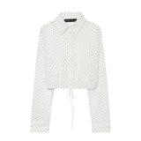  MQTIME  -  Elegant Women's Polka Dot Short Tulle Shirt Summer Lapel Long Sleeve Hem Drawstring Translucent Top Female Street Blouse