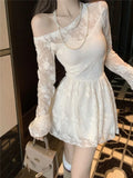 MQTIME  -  French Diagonal Neck Lace Splicing Dress Women Autumn New Temperament Lotus Leaf Edge Waist Long Sleeve Short Vestido