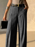 MQTIME  -  Women's Grey Business Casual Suit Pants 2025 New Fashion Elastic High Waist Wide Leg Loose Pleated Belt Trousers Bottoms