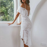 MQTIME  -  Women Sexy V Neck Hollow Sling Long Dress Spring Embroidery Lace Ruffles Split Mermaid Dress Summer Off Shoulder Irregular Dress