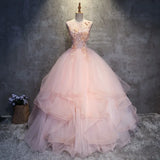 MQTIME  -  Woman Applique Beading Sleeveless Prom Dresses Elegant Pink A-line Tulle Party Gown Robe de soiree