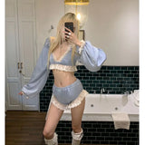 MQTIME  -  Personality Spice Girl Sexy Cute Two Piece Sets Y2k Splcied Lace Seep V Neck Long Sleeve Crop Tops Harajuku Stretch Waist Shorts