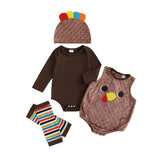 MQTIME  -  Thanksgiving Baby Outfit Set with Solid Long Sleeve Romper Turkey Sleeveless Bodysuit Striped Leg Warmers and Hat - 4 Piece