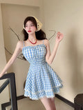 MQTIME  -  Plaid Dresses Women Bandage Sleeveless Slim Lace Patchwork Summer Fashion Sweet Elegant Party Mini Dress Female Casual