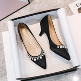 MQTIME  -  Fashion New Thin Heel Pointed Pearl Rhinestone French Low Heel High Heels Single Shoes