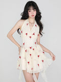 MQTIME  -  Flower Print Halter Mini Dress Beige Sleeveless Backless Summer Birthday Dress for Women Irregular Fashion Sexy Dresses