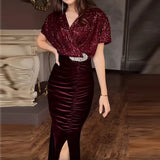 MQTIME  -  Banquet Elegant Sequins V-Neck Wrap Dress 2025 Women Retro Patchwork Velvet Long Dress Sexy Glitter High Split Pleat Party Dress