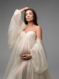 MQTIME  -  Fairy Sheer Tulle Maternity Photoshoot Dresses Puff Sleeves Long Train Pregnancy Dress Off Shoulder Sweetheart Maternity Robe
