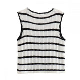 MQTIME  -  Women Fashion Knitted Striped Waistcoat Pants Set V Neck Front Tie Sleeveless Vest Tank Tops Elastic Waist Trousers Streetwear