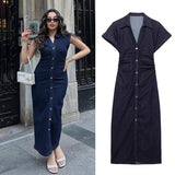 MQTIME  -  Women Denim Long Dress Summer Bodycon Midi Dresses Ruched Button Up Dress For Lady Solid Color Female Short Sleeve Vestidos