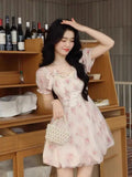 MQTIME  -  Pink sweet bow short sleeved floral dress for women in 2024 spring and summer, princess lotus leaf bud fluffy skirt