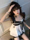 MQTIME  -  French Sweet Color Block Polka-Dot 2 Piece Dress Set Women Bow Lace Trim Ruffle Sleeve High Waist Bodycon Slim Fit Mini Dress