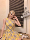 MQTIME  -  Streetwear Yellow Palid A-Line Dress Design Sleeveless Fairy Dress Vintage Classical Plaid Prom Gown Fashion Office Lady