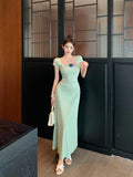 MQTIME  -  Women Mint Mambo Style Short Sleeved Dress Women's Summer Korean Chic Waist Slimming A line Long Dresses