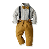 MQTIME  -  Autumn Boy Outfit Striped Long Sleeve Shirt with Solid Pants Strap Set Children 1 2 3 4 5 6 7Y Kid Birthday Costume Clothes Suit