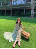 MQTIME  -  Green Tie-dye Mesh Suspender Dress Women's Summer High-end Seaside Vacation Slim-fitting Hip-wrapped Dress