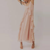 MQTIME  -  Summer New Women's Hollow Out Dress Fashion U Collar Sleeveless Halter Chiffon Dress Elegant High Waist Solid Color Party Dress