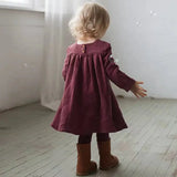 MQTIME  -  Girls' Cotton Linen Long-Sleeve Square-Neck Dress Autumn New Christmas Party Cute Ruched Loose Vintage Baby Girl Dresses