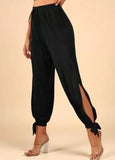 MQTIME  -  Women Trousers Spring Retro Fashion Commuting Black High Waist Drawstring with Split Straps Leg Binding Casual Pants for Women