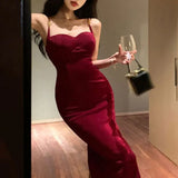 MQTIME  -  Women's Clothing French Style Red Slip Long Dress Temperament Summer New Backless Solid Color Slim Fashion Split Bag Hip Dresses