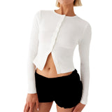 MQTIME  -  Women's Summer Y2K Basic Cropped Tops Ribbed Button-down Front Long Sleeve Simple Slim Fit Grunge T-Shirt Streetwear