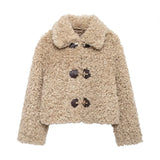 MQTIME  -  Winter Plush Warm Windproof Women's Coat Fashion Turndown Collar Single Breasted Short Coats Women Simple Casual Outerwears