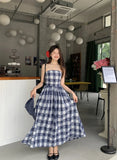 MQTIME  -  Vintage Plaid Dress Women Sexy A Line Midi Dresses Korean Split Slash Neck Slim Sundress Vestidos