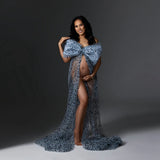 MQTIME  -  Cute Bow Tulle Maternity Dresses Sexy See Thru Dotes Mesh Pregnant Women Dress For Photography Open Front Baby Shower Gowns