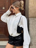 MQTIME  -  Boyfriend Style Striped Loose Full Sleeve White Shirts Women Casual Single Breasted Shirt With Tie Autumn New Women Tops