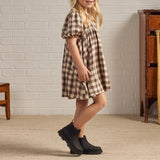  MQTIME  -  Vintage Brown Plaid Girls' Bubble Sleeved Dress Summer New Cute Baby Girl Round Neck Waist Pleated Loose Dresses