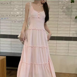 MQTIME  - Pink Cute Fairycore Midi Dresse Sweet Ruffle Casual Elegant Chic Beach Long Spaghetti Strap Button Holiday Gentle Dress