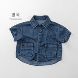 MQTIME  -  Summer New Children Short Sleeve Denim Shirts Boys Girls Lapel Shirts Solid Baby Casual Tops Fashion Kids Clothes