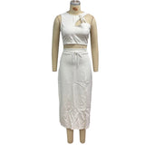 MQTIME  -  Two Piece Set Summer Elegant Hollow Out Irregular Solid Sleeveless High Waist Top A Line Slit Midi Skirts Sets Streetwear