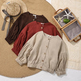 MQTIME  -  Retro Ramie Long-Sleeved Children's Cardigan Solid Color Button-Down Coat Autumn Winter Casual Lantern Sleeve Shirt Jacket