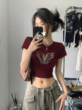 MQTIME  -  Red Cotton Cropped T Shirt for Women Girl Vintage Butterfly Graphic Streetwear Tee Tops Tshirt Summer Croptop