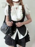 MQTIME  -  Y2k Gothic Retro Chic 3 Piece Set Women Bubble Sleeve Shirt + Slim Vest + Mini Cake Skirt New Vintage Fashion Skirt Suit 2025