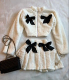 MQTIME  -  Autumn Winter Sexy Kawaii Lolita Sweetheart Suit Bow Cashmere Zip Up Warm Jacket Low Waisted Mini Pleated Skirt Two Piece Set