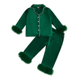 MQTIME  -  Children s Satin Pajama Set with Plush Trim Long Sleeve Button-up Shirt Elastic Waist Pants - 2 Piece Sleepwear Ensemble