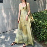 MQTIME  -  Women Green Tie Dye Maxi Slip Dress Spaghetti Strap Summer New Backless Slim Sleeveless Flowy Bodycon Casual Vacation Long Dress
