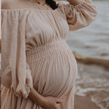 MQTIME  -  Bohemian Pregnancy Dress Vintage Comfortable Linen Cotton Off Shoulder Long Sleeved Dress Boho Style Baby Shower Dress