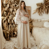 Mqtime Maternity Dresses For Baby Showers Vintage Linen Dress Elegant Embroidered Yarn Lace Sleeves Bohemian Pregnancy Dress