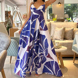 MQTIME  -  Print Sleeveless Casual Women Dress Sexy V Neck Straps Summer Beach Dresses Backless A-line Floor-Length Draped Robe